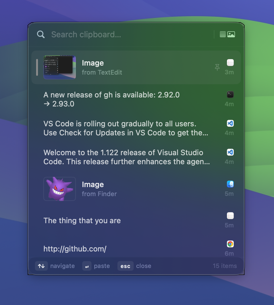 ClipHistory popup showing clipboard history with text and images